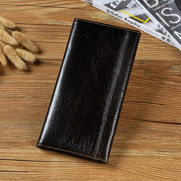 Genuine Leather Mens Trifold Wallet Coffee Long Wallet for Men with Multi Cards - iwalletsmen