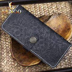 Handmade Leather Floral Mens Cool Travel Long Wallet Card Holder Card Slim Clutch Wallets for Men