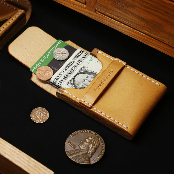 Handmade Wooden Brown Leather Mens Wallet Small Card Holder Coin Wallet for Men - iwalletsmen