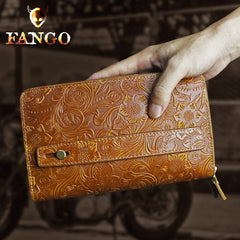 Handmade Leather Floral Tooled Mens Clutch Cool Slim Wallet Zipper Clutch Wristlet Wallet for Men