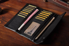 Handmade Leather Mens Cool Long Leather Wallet Trifold Clutch Wallet for Men