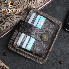 Handmade Leather Floral Mens Cool Front Pocket Wallet billfold Wallet Card Holder Small Card Slim Wallets for Men