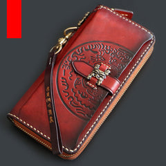 Handmade Mens Tooled Snow Lion Leather Chain Wallet Biker Trucker Wallet with Chain - iwalletsmen