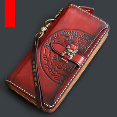 Handmade Mens Tooled Snow Lion Leather Chain Wallet Biker Trucker Wallet with Chain