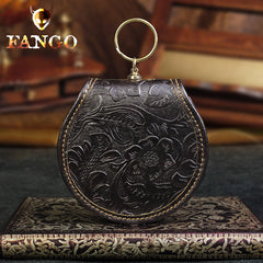 Handmade Leather Floral Round Mens Cool Slim Change Wallet Coin Wallet Pouch for Men