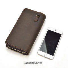 Handmade Leather Mens Cool Long Leather Wallet Zipper Wristlet Bag Clutch Wallet for Men