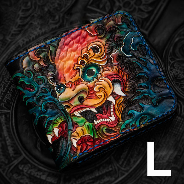 Handmade Leather Tooled Chinese Lion Mens billfold Wallet Cool Slim Wallet Biker Wallet for Men