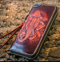 Handmade Leather Mens Chain Biker Wallet Cool Tooled Ganesha Wallet Long Phone Wallets for Men