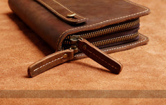 Genuine Leather Mens Cool Long Leather Wallet Zipper Clutch Wristlet Wallet for Men