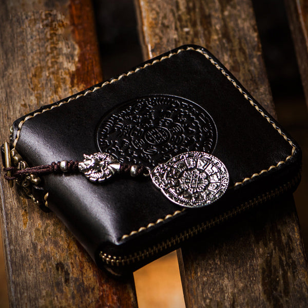 Handmade Leather Tibetan Tooled Mens billfold Wallet Cool Chain Wallet Biker Wallet for Men