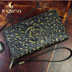 Handmade Leather Mens Tooled Skull Death Cool Zipper Phone Travel Long Wallet Card Holder Card Slim Clutch Wallets for Men