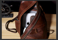 Genuine Leather Mens Cool Chest Bag Sling Bag Crossbody Bag Travel Bag Hiking Bag for men
