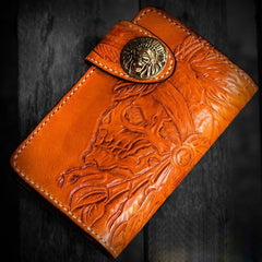 Handmade Leather Tooled Skull Indian Chief Biker Wallet Mens Cool billfold Chain Wallet Trucker Wallet with Chain