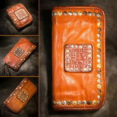 Handmade Leather Mens Chain Biker Wallet Cool Leather Wallet Long Phone Wallets for Men
