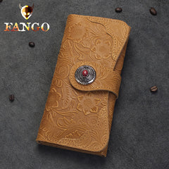 Handmade Leather Floral Mens Cool Travel Long Wallet Card Holder Card Slim Clutch Wallets for Men