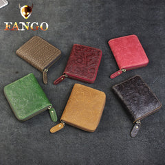 Handmade Leather Floral Mens Zipper Cool billfold Wallet Card Holder Small Card Slim Wallets for Men