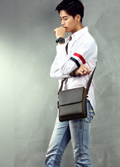 Genuine Leather Mens Messenger Bag Vertical iPad Shoulder Bag For Men