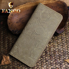 Handmade Leather Floral Mens Cool Travel Long Wallet Card Holder Card Slim Clutch Wallets for Men