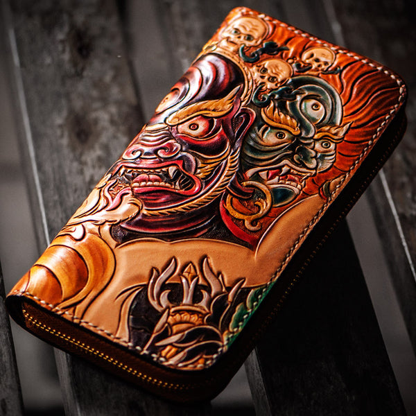 Handmade Leather Tooled Mahākāla Mens Zipper Wallet Cool Leather Wristlet Wallet for Men