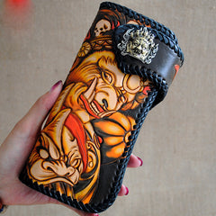 Handmade Mens Tooled God Mahakala Leather Chain Wallet Biker Trucker Wallet with Chain - iwalletsmen
