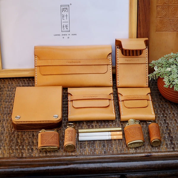 Cool Wooden Beige Leather Mens 20pcs Cigarette Case Custom Cigarette Holder Case for Men - iwalletsmen