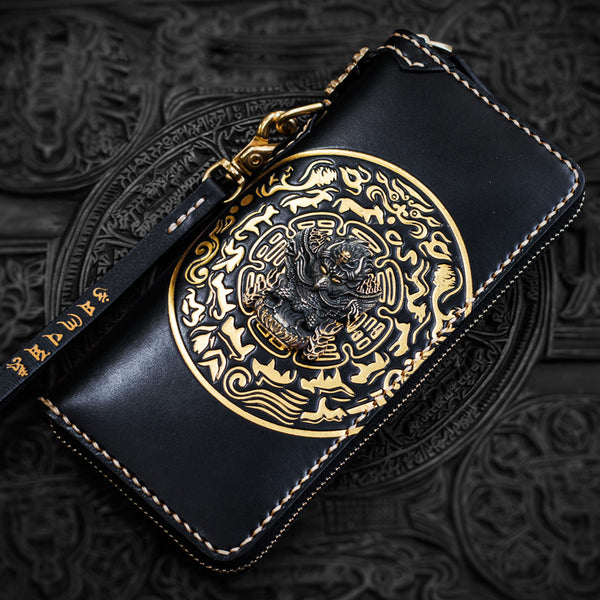 Handmade Leather Tibetan Mens Chain Biker Wallet Cool Leather Wallet Long Clutch Wallets for Men