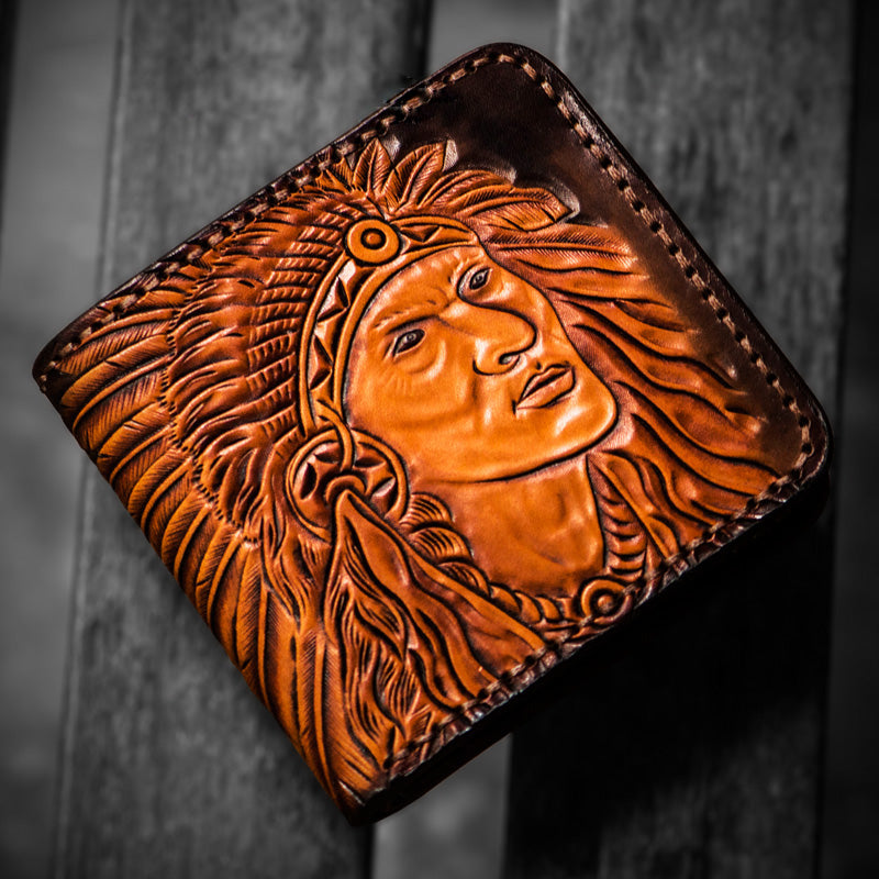 Handmade Leather Indian Chief Tooled Mens billfold Wallet Cool Leather Wallet Slim Wallet for Men