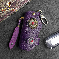 Handmade Leather Floral Mens Cool Car Key Wallet Coin Wallet Pouch Car KeyChain for Men