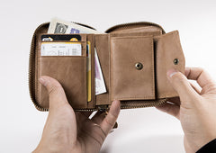 Handmade Leather Mens Cool Slim Leather Zipper Wallet Men Small Wallets Bifold for Men