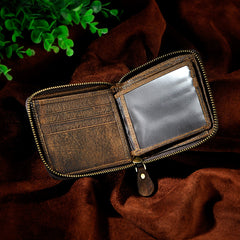Handmade Leather Mens Cool Zipper Leather Wallet Card Wallet Men Small Wallets Bifold for Men
