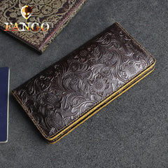 Handmade Leather Floral Mens Cool Travel Long Wallet Passport Card Holder Card Slim Wallets for Men