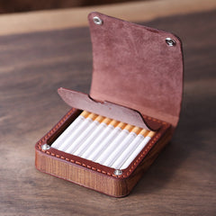 Handmade Wooden Beige Leather Mens 20pcs Cigarette Case Cool Custom Cigarette Holder for Men - iwalletsmen