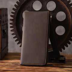 Handmade Leather Mens Cool Long Leather Wallet Zipper Clutch Wallet for Men