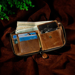 Handmade Leather Mens Cool Zipper Leather Wallet Card Wallet Men Small Wallets Bifold for Men