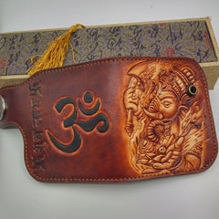 Handmade Leather Tooled Ganesha Mens Chain Biker Wallet Cool Leather Wallet Small Wallets for Men