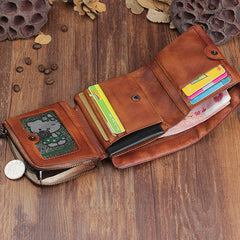 Handmade Mens Cool billfold Leather Wallet Men Small Zipper Wallets Trifold for Men - iwalletsmen