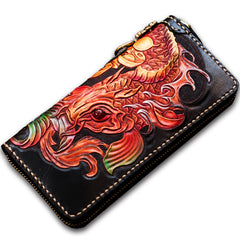 Handmade Leather Tooled Carp Mens Chain Biker Wallet Cool Leather Wallet Long Phone Wallets for Men