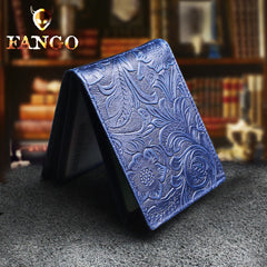 Blue Leather ID Holder Wallet Womens ID Card Holder Wallet Blue Floral Wallet with ID Window id wallet holder