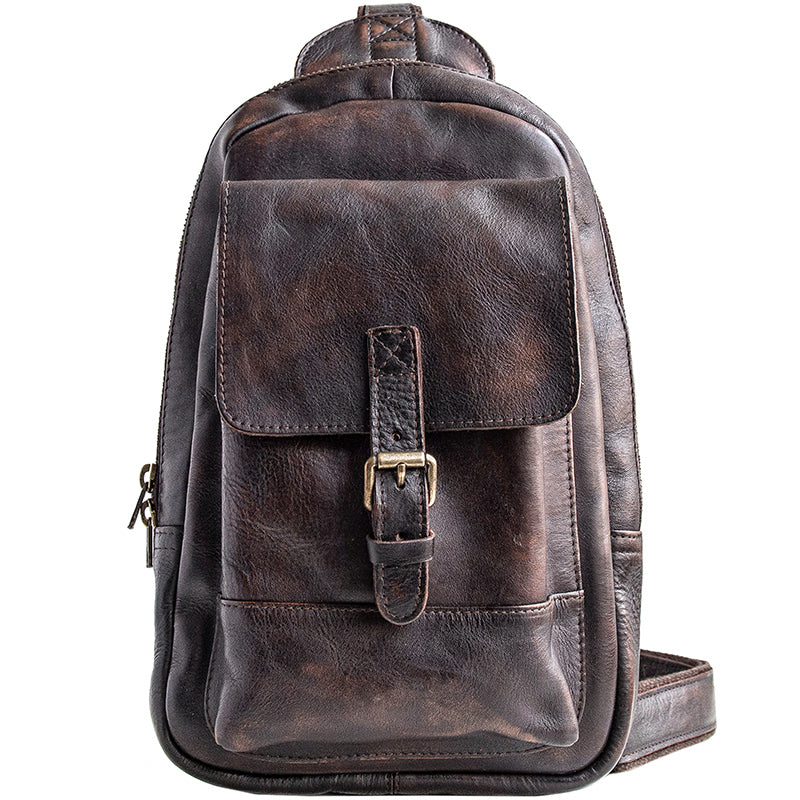 Genuine Leather Mens Cool Chest Bag Sling Bag Crossbody Bag Travel Bag Hiking Bag for men