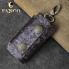 Handmade Leather Floral Mens Cool Car Key Wallet Coin Wallet Pouch Car KeyChain for Men
