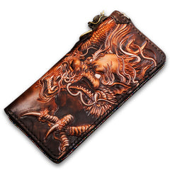 Handmade Leather Tooled Chinese Dragon Mens Chain Biker Wallet Cool Leather Wallet Long Phone Wallets for Men