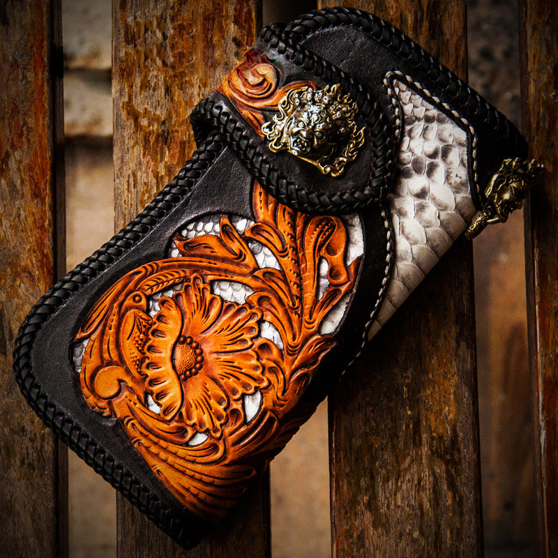 Handmade Leather Tooled Floral Mens Chain Biker Wallet Cool Leather Wallet With Chain Wallets for Men