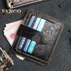 Handmade Leather Floral Mens Cool Front Pocket Wallet billfold Wallet Card Holder Small Card Slim Wallets for Men