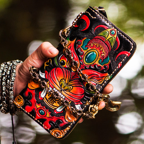 Handmade Leather Tooled Chinese Monster Mens Chain Biker Wallet Cool Leather Wallet Zipper Long Phone Wallets for Men