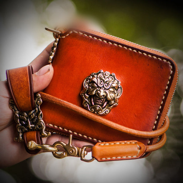 Handmade Leather Tibetan Tooled Mens billfold Wallet Cool Chain Wallet Biker Wallet for Men