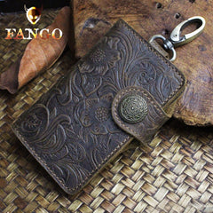 Handmade Leather Floral Mens Cool Key Wallet Wallet Card Holder Small Card Keychain Wallets for Men