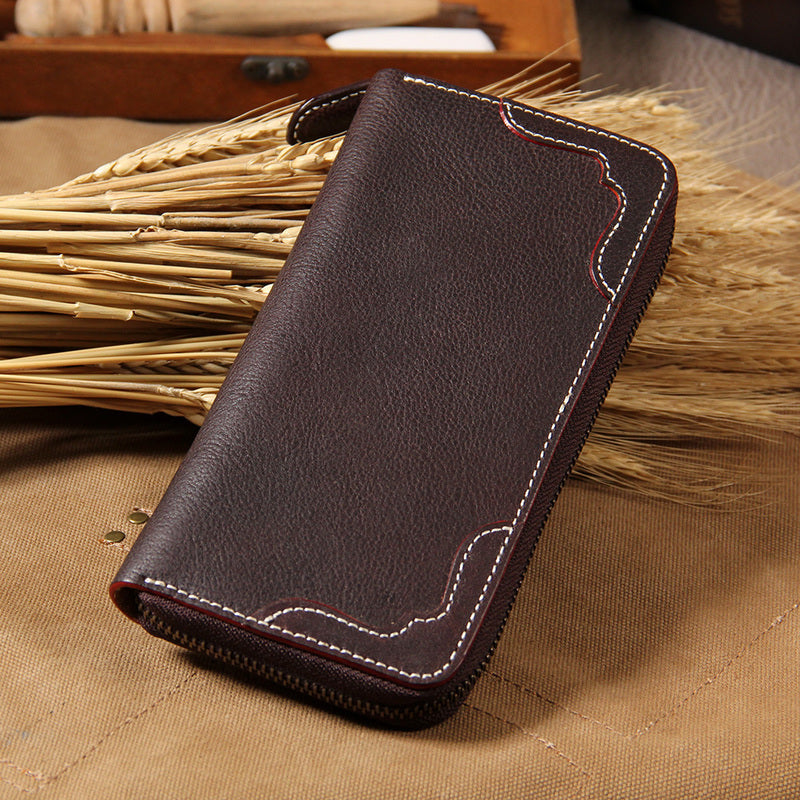 Cool Handmade Leather Coffee Mens Clutch Vintage Zipper Wallet for Men