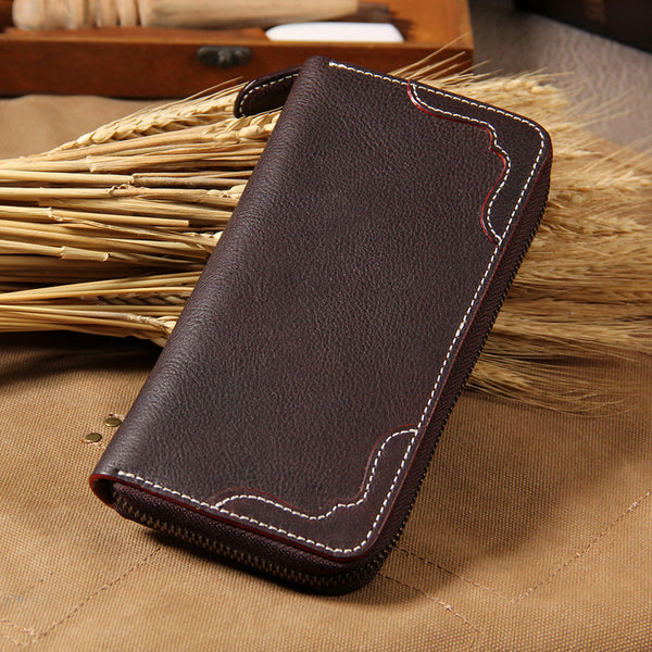Cool Handmade Leather Coffee Mens Clutch Vintage Zipper Wallet for Men