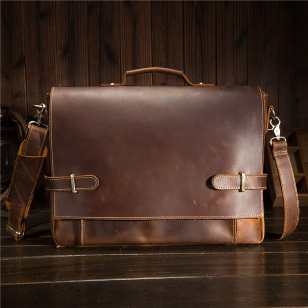 Cool Leather Mens Briefcases Business Briefcase Vintage Shoulder Bag HandBag for men - iwalletsmen
