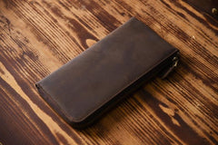 Handmade Leather Mens Cool Long Leather Wallet Zipper Clutch Wallet for Men